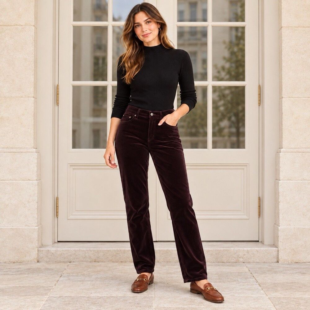 Well Worn Velvet Pants Women’s 12/32 Burgundy Wine Straight Leg Stretch Cotton